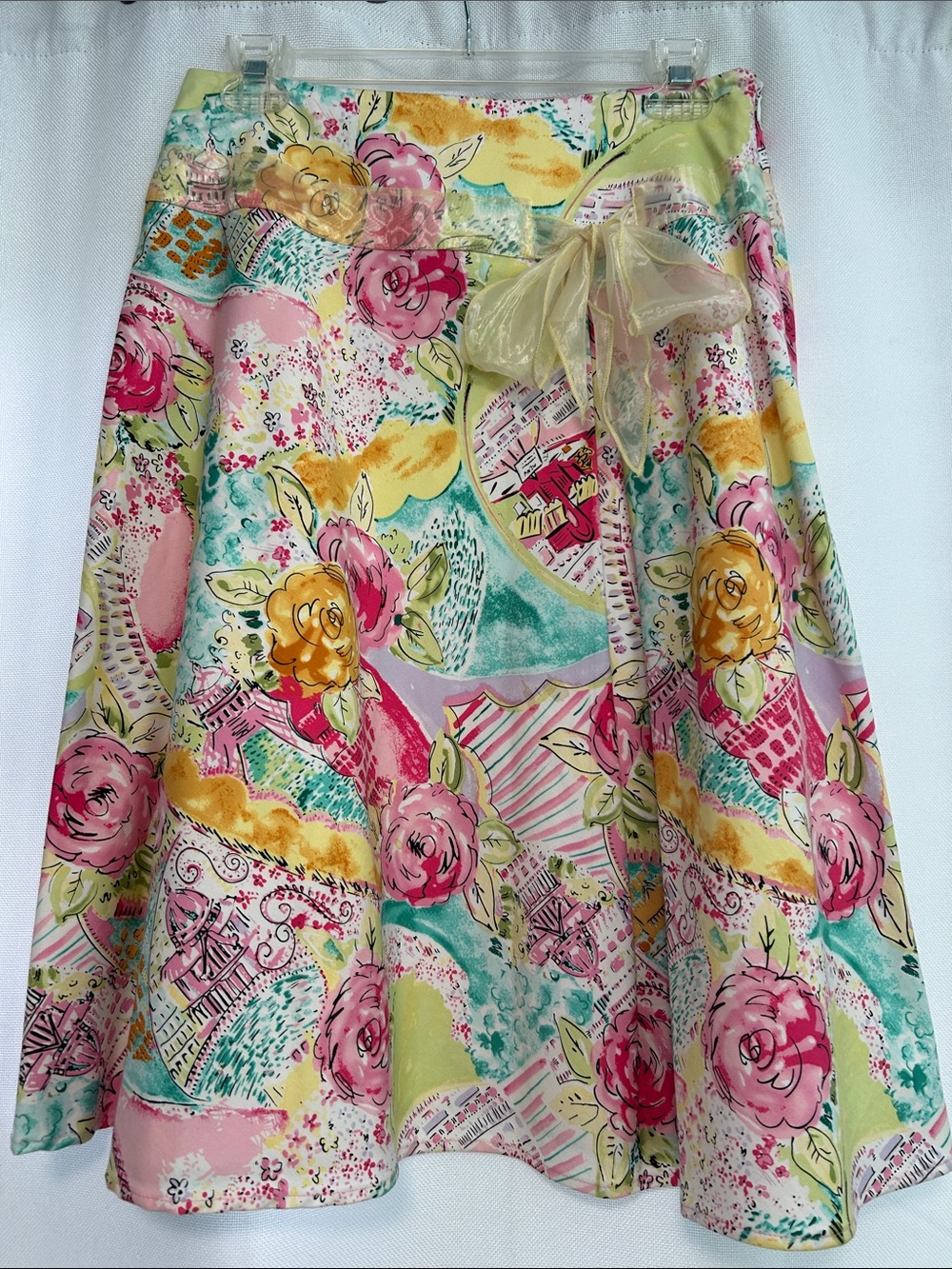 NY Collection Floral Print Skirt with Sheer Gold Bow